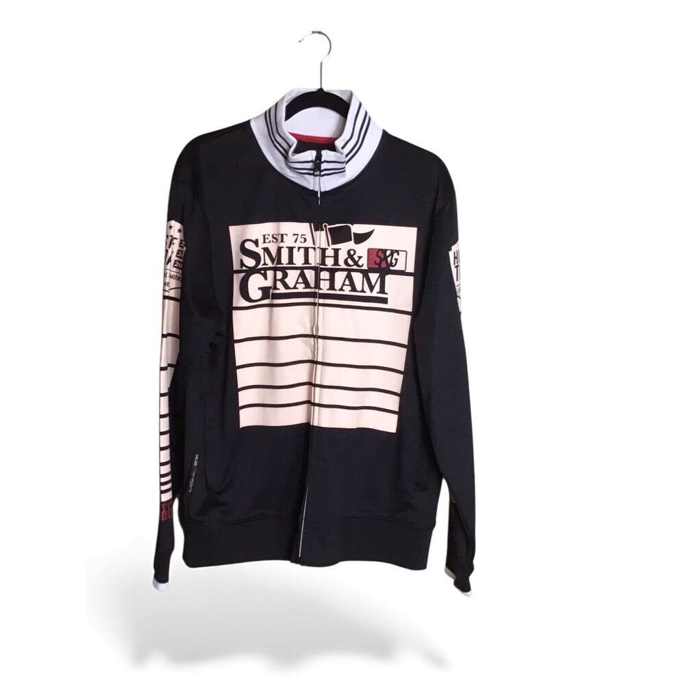Smith & Graham Men Black Est 75 full-zip track jacket with a graphic print Lrg